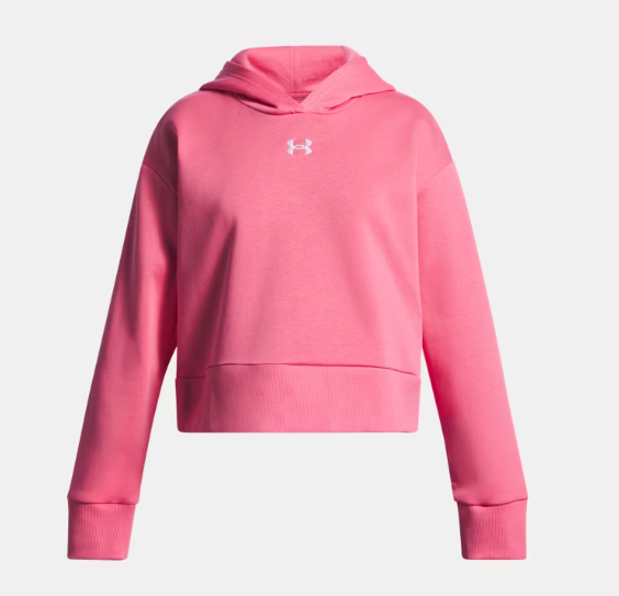 Chandail à capuche court UA Rival Fleece pour fille - Under Armour rose en molleton doux, poignets et ourlet côtelés, vue de face