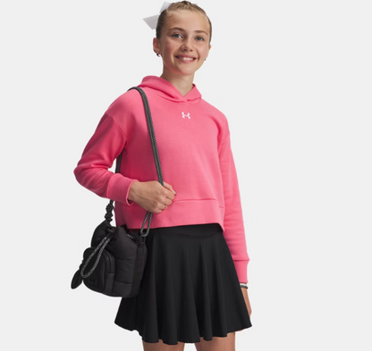 Chandail à capuche court UA Rival Fleece pour fille - Under Armour rose en molleton doux, vue de face porté par enfant