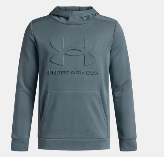 Hoodie Armour Fleece® Embossed - Under Armour gris bleu garçon avec logo embossé, capuche et poche kangourou vue de face
