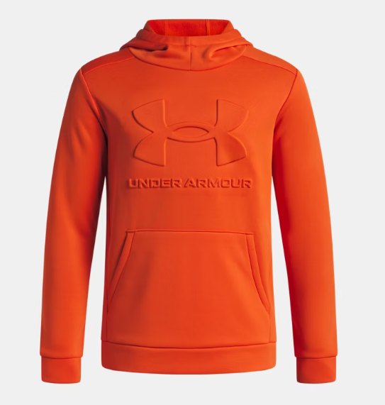 Hoodie Armour Fleece® Embossed - Under Armour orange avec logo embossé, capuche, tissu polaire, pour garçon, vue de face