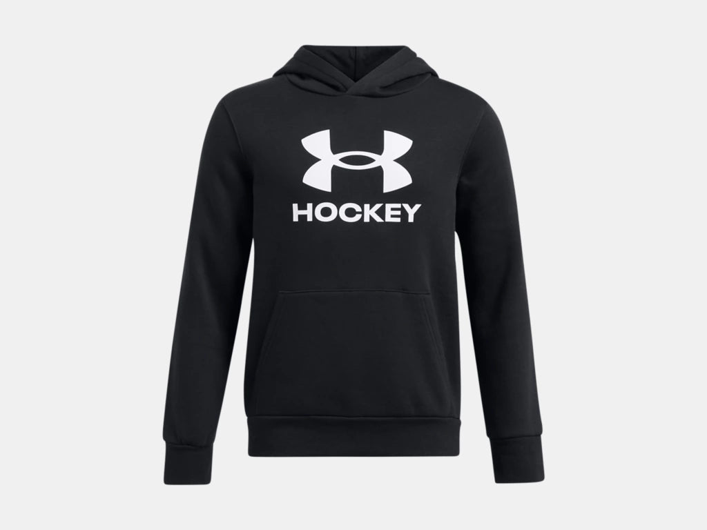 Hoodie hockey  UA Icon - Under Armour noir avec logo blanc, molleton coton polyester, style garçon, vue de face.