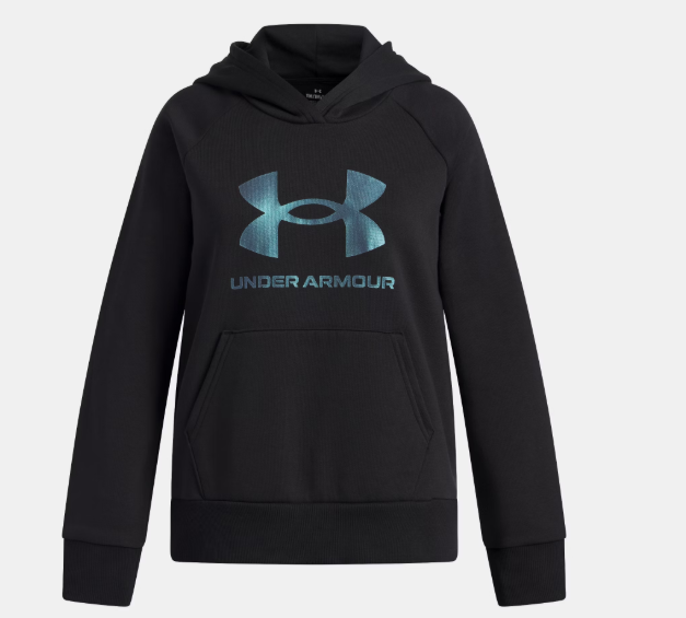 Hoodie UA Rival Fleece Shimmer - Under Armour noir avec logo bleu scintillant, polaire coton, pour fille, vue de face