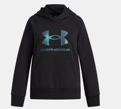 Hoodie UA Rival Fleece Shimmer - Under Armour noir avec logo bleu scintillant, polaire coton, pour fille, vue de face