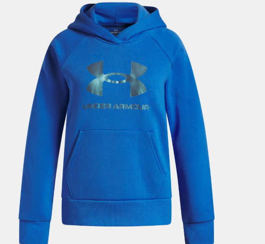 Hoodie UA Rival Fleece Shimmer - Under Armour bleu électrique en polaire coton mélangé, pour fille, vue de face avec capuche et poche kangourou.