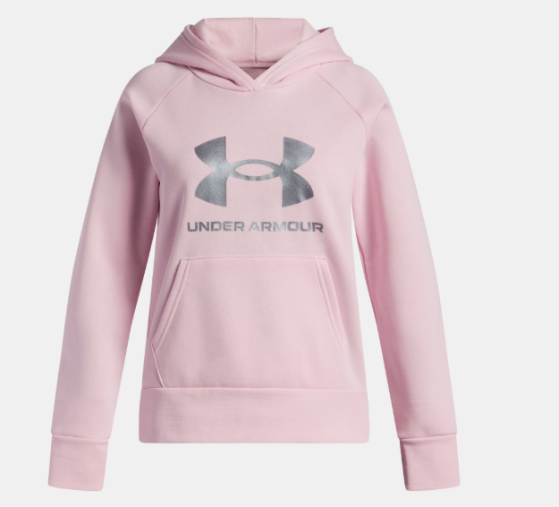 Hoodie UA Rival Fleece Shimmer - Under Armour rose clair avec logo argenté, molleton doux, pour fille, vue de face