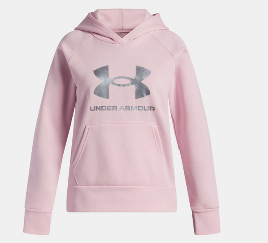 Hoodie UA Rival Fleece Shimmer - Under Armour rose clair avec logo argenté, molleton doux, pour fille, vue de face