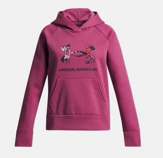 Hoodie UA Rival Fleece - Under Armour rose foncé avec logo imprimé coloré, tissu coton polyester, pour fille, vue de face.