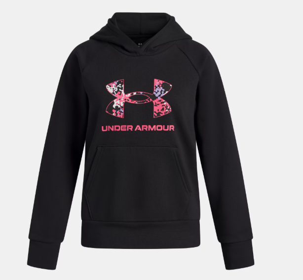 Hoodie UA Rival Fleece - Under Armour noir avec logo rose et violet, en coton polyester, pour fille, vue de face