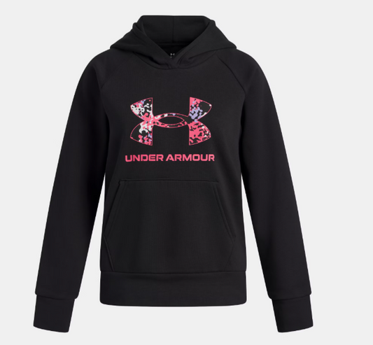Hoodie UA Rival Fleece - Under Armour noir avec logo rose et violet, en coton polyester, pour fille, vue de face
