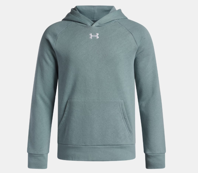 Hoodie UA Rival Fleece - Under Armour vert gris en coton polyester, style à capuche et poche kangourou, pour garçon, vue de face