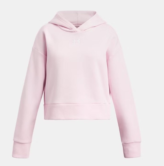 Sweat à capuche court UA Rival Fleece pour fille - Under Armour rose clair molletonné, coton, vue de face