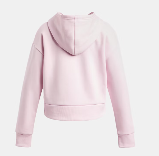 Sweat à capuche court UA Rival Fleece pour fille - Under Armour rose clair, molletonné, vue de dos avec capuche.