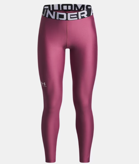 Legging HeatGear - Under Armour rose fuchsia avec ceinture imprimée blanche et noire, pour fille, vue de face.