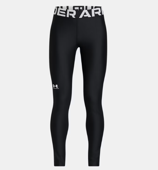 Legging - Under Armour noir avec taille élastique blanche logo, tissu léger HeatGear, pour fille, vue de face.