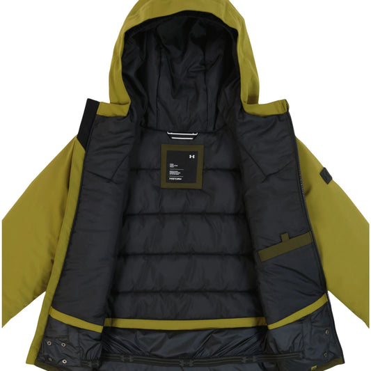 Manteau d'hiver - Under Armour vert olive à capuchon, doublure noire matelassée, pour garçon, vue intérieure ouverte.