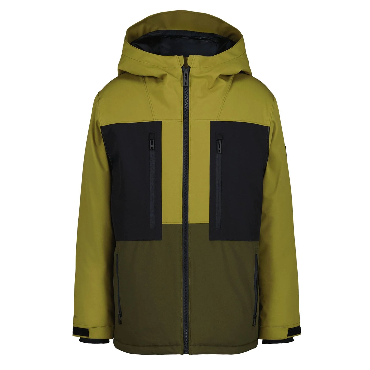 Manteau d'hiver - Under Armour garçon vert olive et kaki avec poches zippées, capuchon, vue de face.