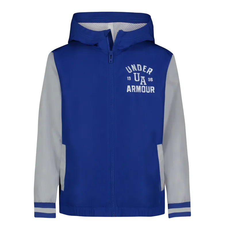 Coupe-Vent Wintuck - Under Armour bleu et gris à capuche, logo poitrine blanc, pour garçon, vue de face avec fermeture éclair.