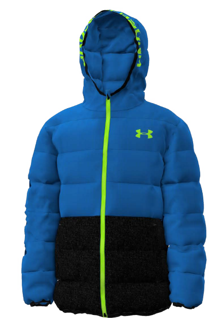 Manteau Mi-Saison - Under Armour bleu et noir, rembourré, capuche, pour garçon, vue de face, zip vert fluo.
