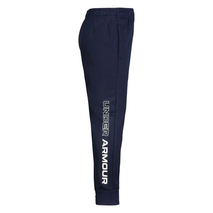 Pantalon - Under Armour bleu marine 100% polyester avec logo blanc latéral, style sport pour garçon, vue de profil droit