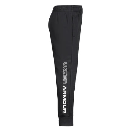 Pantalon - Under Armour noir en polyester avec logo blanc latéral, taille élastique, style sport pour garçon, vue de profil droit.