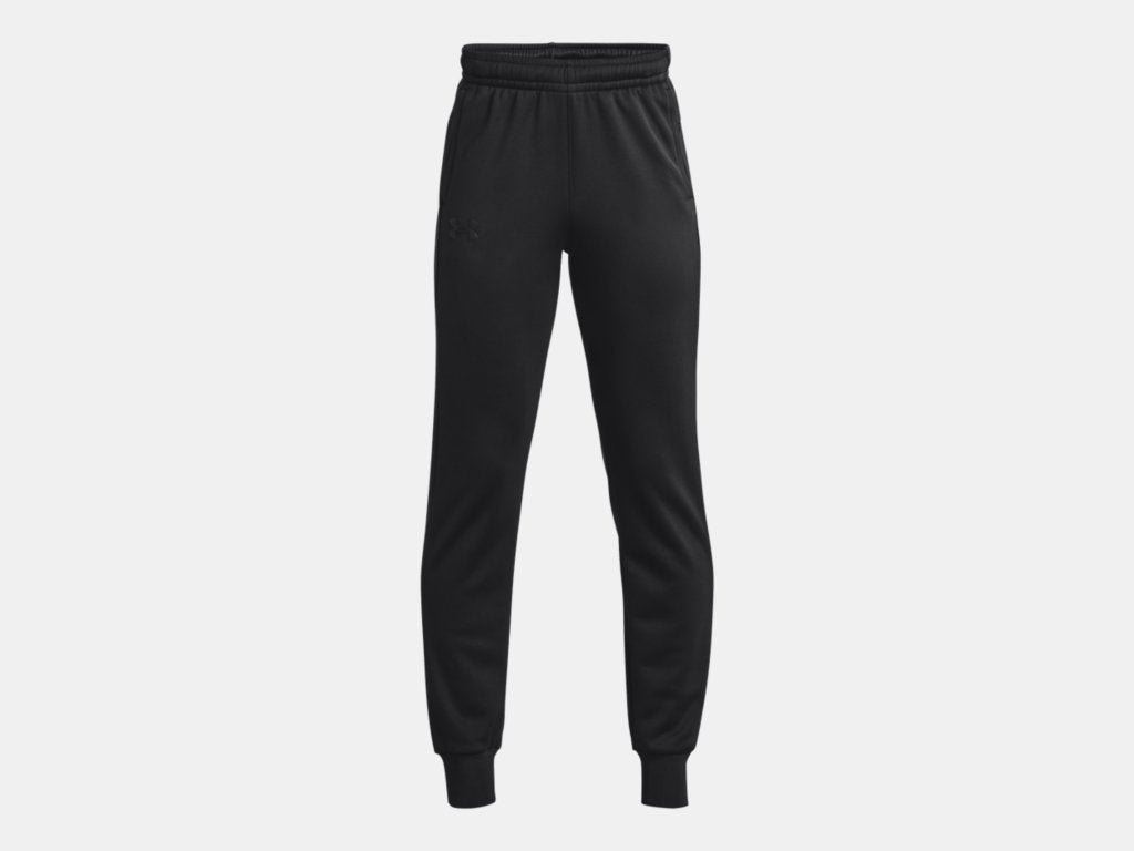 Pantalon Armour Fleece - Under Armour noir en molleton léger pour garçon, taille élastique avec cordon, vue de face.