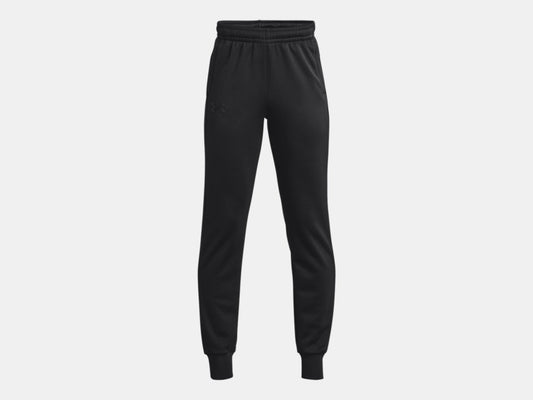 Pantalon Armour Fleece - Under Armour noir en molleton léger pour garçon, taille élastique avec cordon, vue de face.