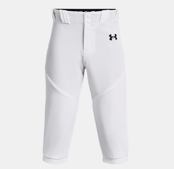 Pantalon 3/4 de baseball - Under Armour blanc avec ceinture confortable et double renfort genoux, pour garçon, vue de face