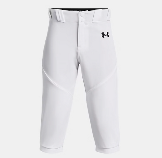 Pantalon 3/4 de baseball - Under Armour blanc avec ceinture confortable et double renfort genoux, pour garçon, vue de face