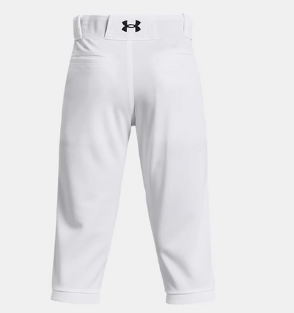 Pantalon 3/4 de baseball - Under Armour blanc avec logo noir, tissu technique, pour garçon, vue de dos