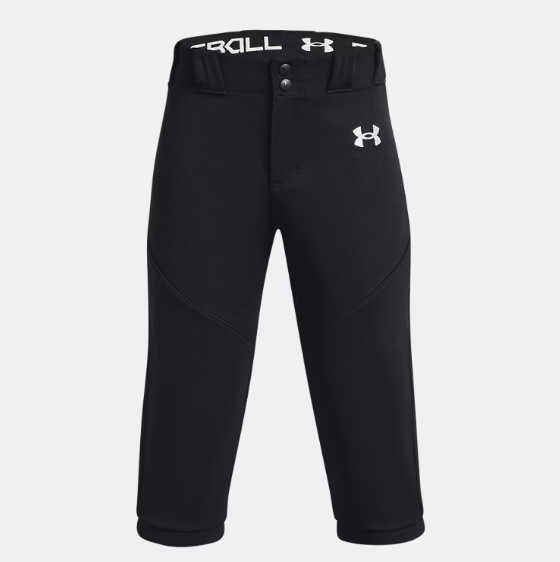 Pantalon 3/4 de baseball - Under Armour noir avec ceinture élastique, double genoux, pour garçon, vue de face