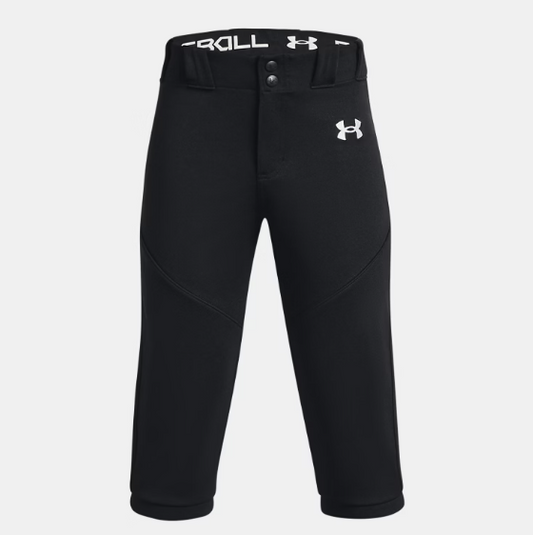 Pantalon 3/4 de baseball - Under Armour noir avec ceinture élastique, double genoux, pour garçon, vue de face