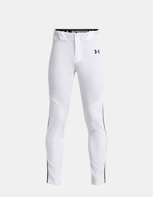 Pantalon de baseball UA Utility - Under Armour blanc avec ligne noire latérale, tissu léger et performant, vue de face garçon
