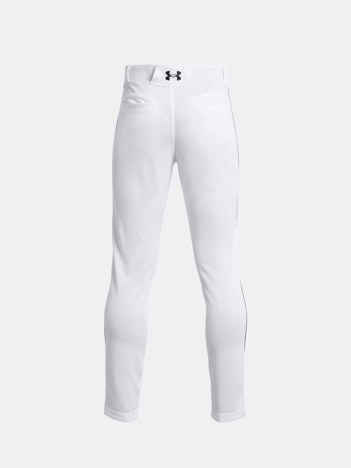 Pantalon de baseball UA Utility - Under Armour blanc avec ligne noire latérale, tissu léger, vue de dos, enfant garçon
