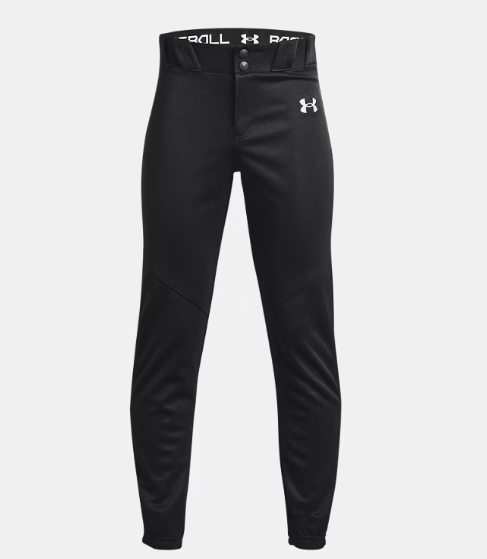 Pantalon de baseball - Under Armour noir en tissu léger et performant, taille haute, pour garçon, vue de face.