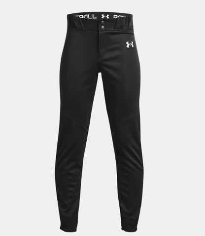 Pantalon de baseball - Under Armour noir en tissu léger et performant, taille haute, pour garçon, vue de face.