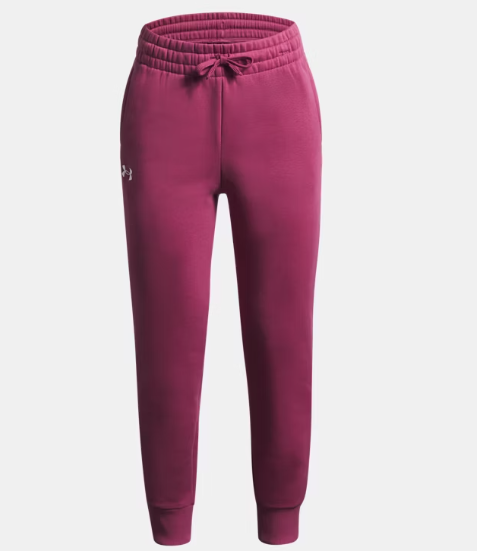 Pantalon de jogging UA Rival Fleece - Under Armour rose foncé en molleton pour fille, taille élastique, vue de face.
