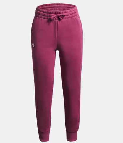 Pantalon de jogging UA Rival Fleece - Under Armour rose foncé en molleton pour fille, taille élastique, vue de face.