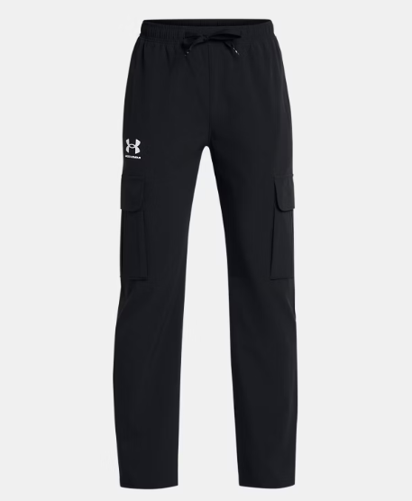 Pantalon Icon - Under Armour noir avec poches latérales, taille élastique, tissu léger extensible, pour garçon, vue de face
