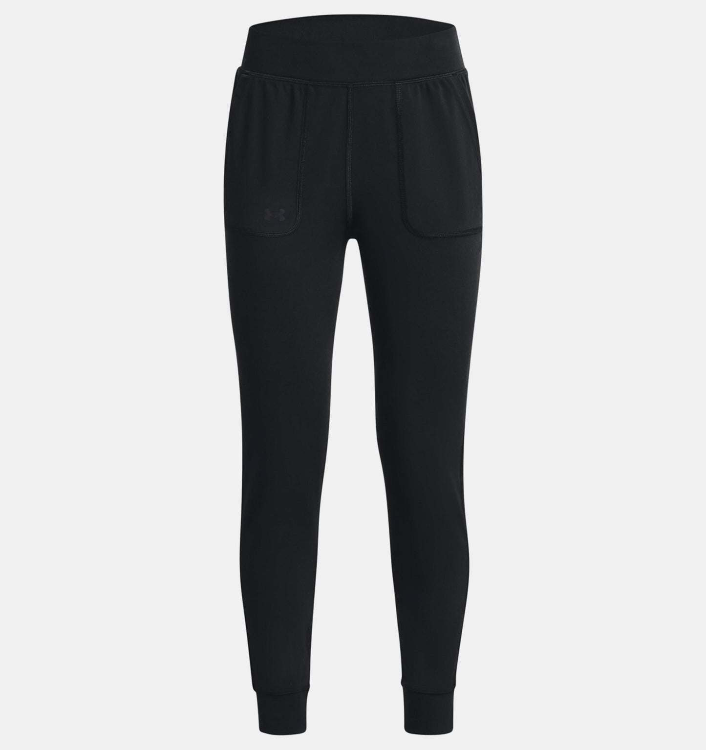 Pantalon Motion - Under Armour noir en tissu doux et extensible pour fille, vue de face, poches avant visibles.