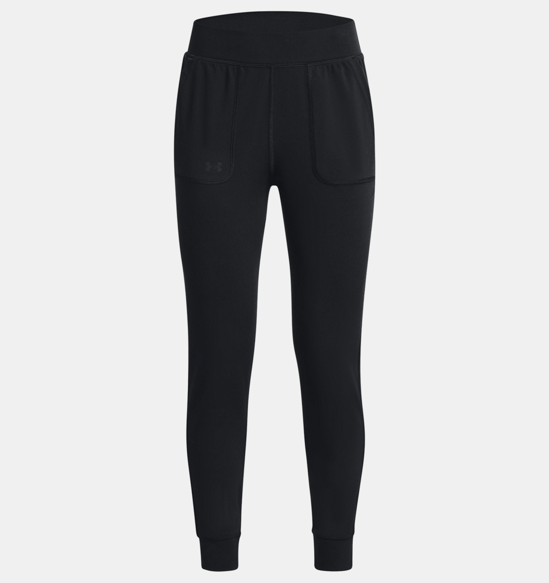 Pantalon Motion - Under Armour noir en tissu doux et extensible pour fille, vue de face, poches avant visibles.