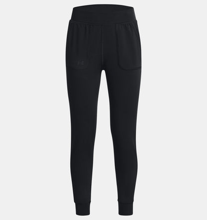 Pantalon Motion - Under Armour noir en tissu doux et extensible pour fille, vue de face, poches avant visibles.