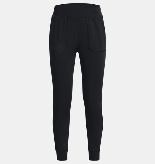 Pantalon Motion - Under Armour noir en tissu doux et extensible pour fille, vue de face, poches avant visibles.