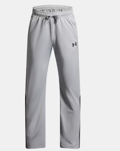 Pantalon UA Brawler 3.0 Tapered - Under Armour gris clair avec cordon, logo noir, tissu tricot, pour garçon, vue de face.