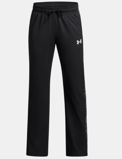 Pantalon UA Brawler Print Fill Tapered - Under Armour noir avec motif gris latéral, ceinture élastique, pour garçon, vue de face.