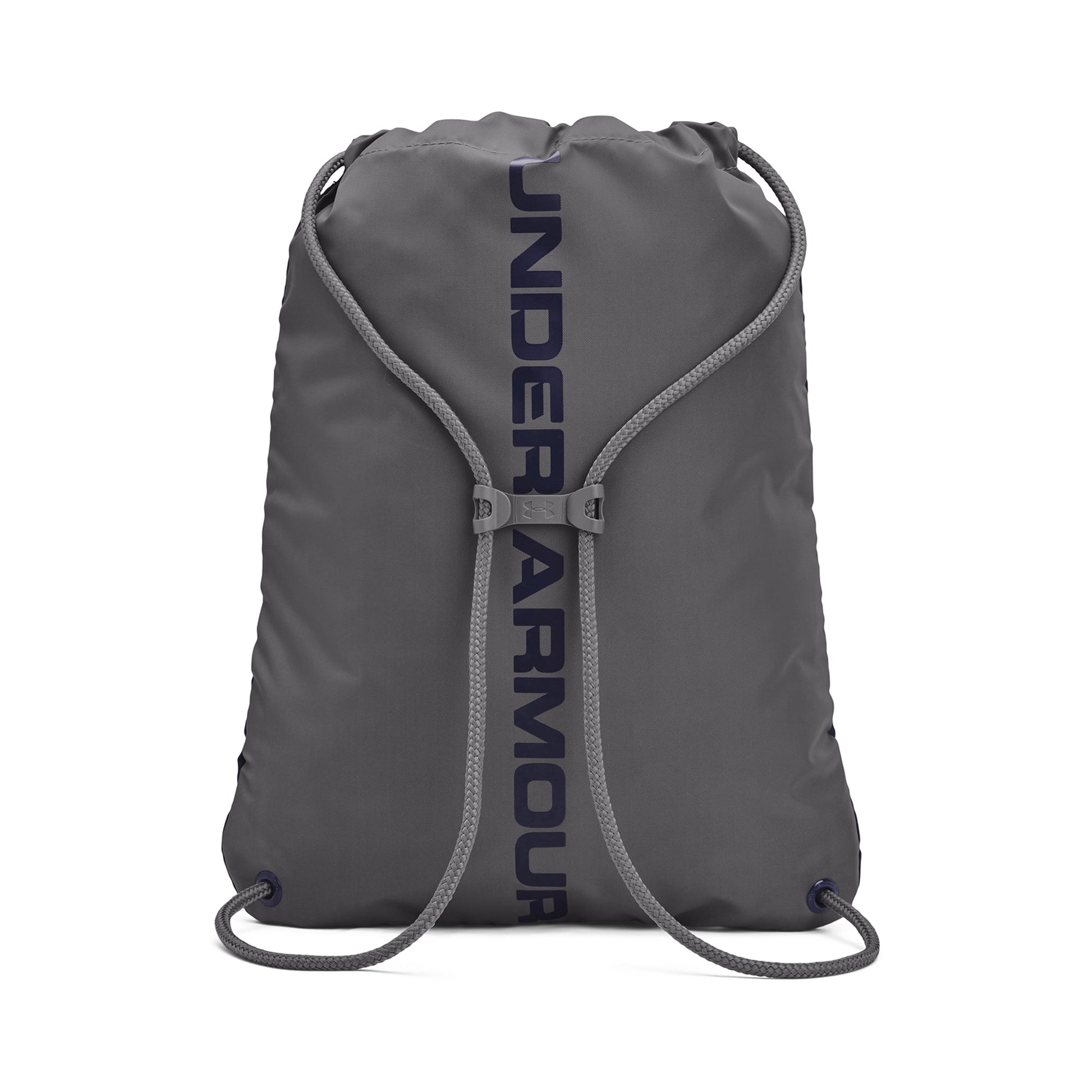 Sac à cordons - Under Armour gris foncé en polyester durable avec pince de sternum, vue de dos sur fond blanc.