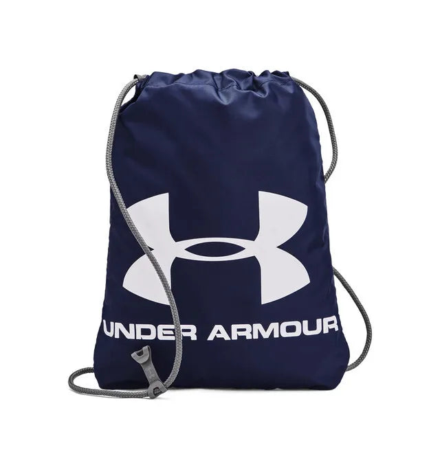 Sac à cordons - Under Armour bleu marine avec logo blanc, cordons gris, vue de face, matériau synthétique résistant