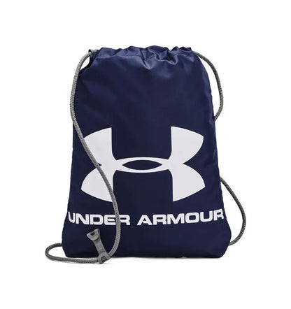 Sac à cordons - Under Armour bleu marine avec logo blanc, cordons gris, vue de face, matériau synthétique résistant
