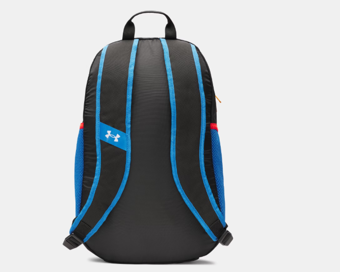 Sac à dos UA Hustle Sport 6.0 - Under Armour noir avec liserés bleus, poches mesh latérales bleues, vue de dos