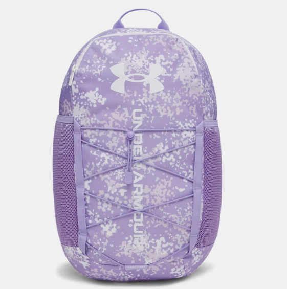 Sac à dos UA Hustle Sport 6.0 - Under Armour violet clair à motif camouflage avec poches filet, vue de face.