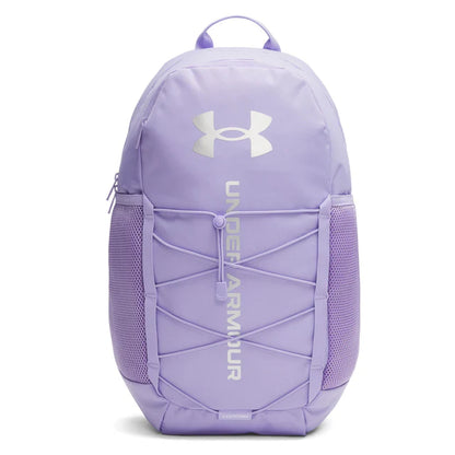 Sac à dos UA Hustle Sport 6.0 - Under Armour lilas avec logo blanc, poches latérales en mesh, vue de face.